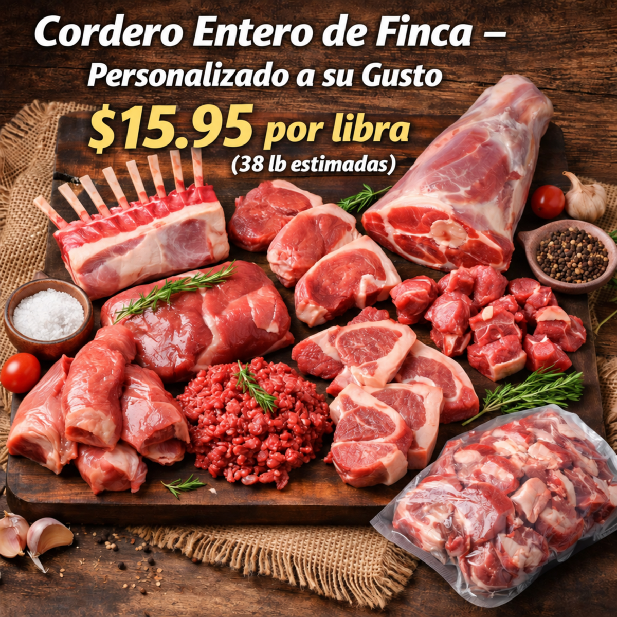 Cordero entero personalizado a su gusto, $15.95 por libra, 38 lb estimadas