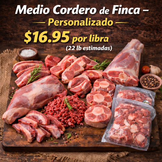 Medio cordero personalizado, $16.95 por libra, 22 lb estimadas
